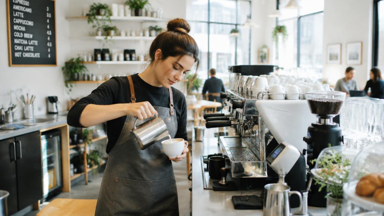 Barista preparing coffee in a bright cafe