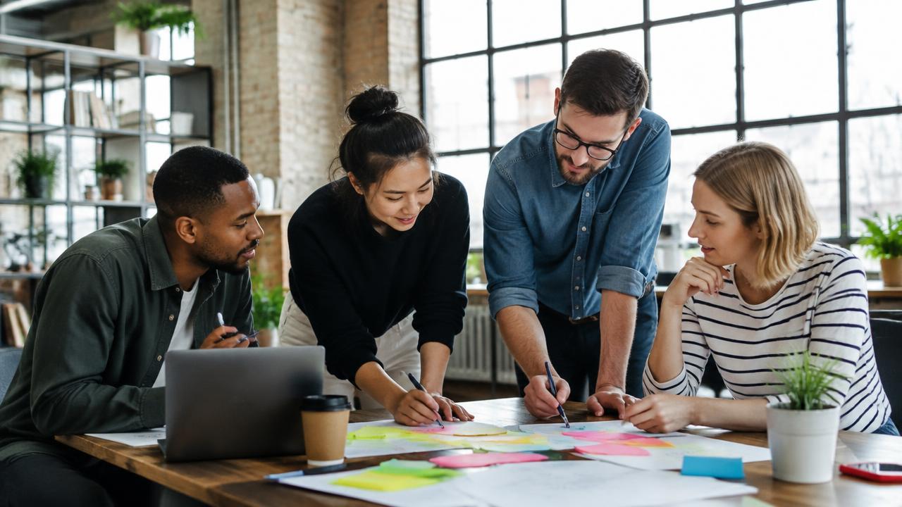 Small startup team collaborating around a table
