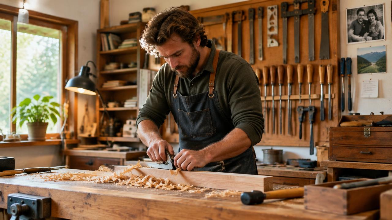 Craftsperson working at a wooden workbench