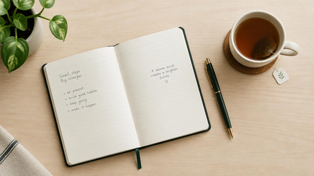 Notebook and pen next to a cup of tea